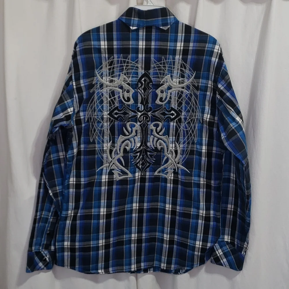 Panhandle slim fit Western pearl snap shirt size medium blue black plaid